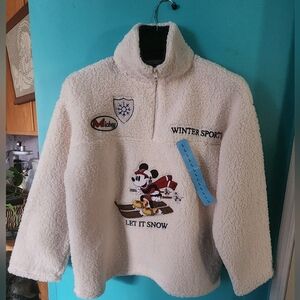 NWT Disney Womens Mickey Mouse Quarter Zip Cream Sherpa Pullover Size L